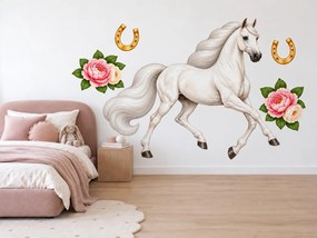 Biely kôň s pivoňkami elegantné jazdecké nálepky na stenu arch 46 x 34 cm