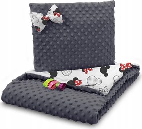 Detská deka do kočíka s vankúšikom a motýlikom - BABYMAM PREMIUM set 3v1 - Myška Minnie s grafitovou minky