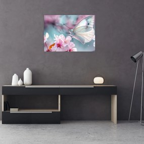 Sklenený obraz - Motýľ na čerešni (70x50 cm)