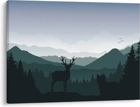 Obraz - Jeleň s vlkom v skalách (70x50 cm)