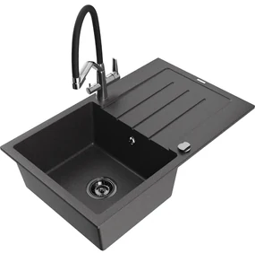 Mexen Bruno, 1-komorový granitový drez 795x495x200 mm a drezová batéria Duo, čierna škvrnitá, 6513-76-671701-07-B