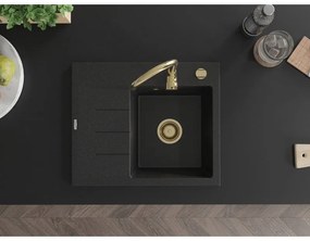 Mexen Ben, 1-komorový granitový drez 600x500x190 mm, pravý + zlatý sifón, čierna-strieborná metalíza, 6523605000-73-G