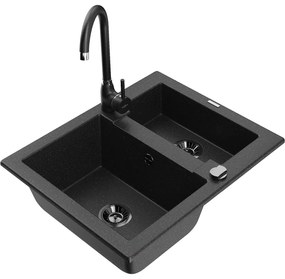 Mexen Carlos, granitový drez 582x475x177 mm, 1,5-komorový a čierna drezová batéria Telma, čierna - strieborná metalíza, 6518-73-670200-70-B
