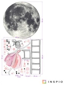 Samolepka na stenu - Mesiac a dievča na rebríku s hviezdami, veľká nálepka