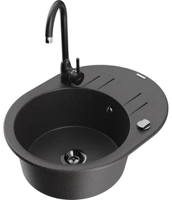 Mexen Kevin, drez granitový 586x458x190 mm, 1-komorový a čierna matná batéria Telma, čierna škvrnitá, 6517-76-670200-70-B