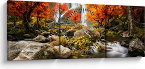 Obraz - Vodopády v jesennej krajine, oranžový (s hodinami) (90x30 cm)