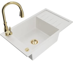 Mexen Elias, 1-komorový granitový drez 795x480x200 mm a drezová batéria Savita, biela, 6511-20-672601-50