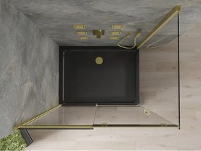 Mexen Omega, sprchový kút s posuvnými dverami 100 (dvere) x 80 (stena) cm, 8mm číre sklo, zlatý profil + slim sprchová vanička čierna + zlatý sifón, 825-100-080-50-00-4070G