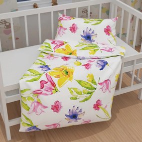 Biante Detské bavlnené posteľné obliečky do postieľky Sandra SA-481 Žlto-ružové akvarelové kvety na bielom Do postieľky 90x140 a 40x60 cm