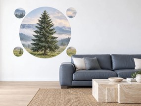 Smrek v horskej hmle lesné textilné nálepky na stenu do obývačky hárok 46 x 46 cm