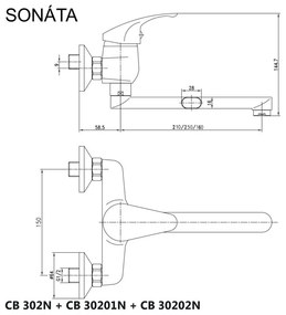 Mereo, Drezová nástenná batéria, Sonáta, s ramienkom plochým rovným 250 mm, chróm, MER-CB30201N