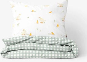 Goldea veľkonočné bavlnené posteľné obliečky - kačice so šalviovo zelenými kockami 140 x 200 a 70 x 90 cm