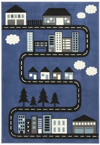 Detský koberec Kids 534451/94955 - Uličky pomedzi domčeky, modrý