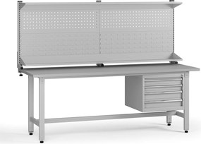 Výškovo nastaviteľný dielenský stôl G5 s nadstavbou, 2100 x 750 x 800-1000 mm, 1x kontajner, 4 zásuvky, sivá