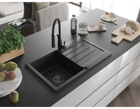 Mexen Bruno, 1-komorový granitový drez 795x495x200 mm a drezová batéria Aster, čierna-strieborná metalíza, 6513-73-73450-70-B