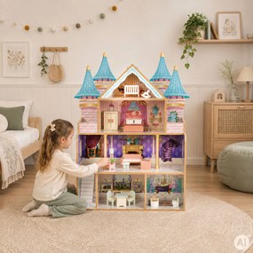 Drevený domček pre bábiky – zámok Bella, 4 poschodia, 5 miestností, 15 kusov nábytku, ECOTOYS