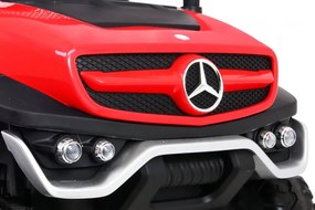 Ramiz Mercedes Benz Unimog elektrické autíčko pre deti červené + pohon 4x4 + diaľkové ovládanie + nosič batožiny + pomalý štart + MP3 + LED