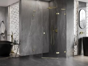 Mexen Lunar, L pravý výklopný päťuholníkový sprchový kút 80 x 100 cm, 8mm číre sklo, zlatý matný profil, 831L-080P-100L-55-00-P