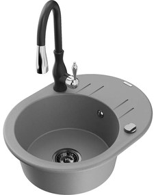 Mexen Kevin, granitový drez 586x458x190 mm, 1-komorový a drezová batéria Savita, šedá, 6517-71-672601-70-B