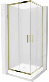 Mexen Rio, štvorcový sprchovací kút s posuvnými dverami 70(dvere) x 70(dvere) x 190 cm, 6mm sklo námraza, zlatý profil + biela sprchová vanička RIO, 860-070-070-50-30-4510