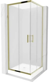 Mexen Rio, štvorcový sprchovací kút s posuvnými dverami 70(dvere) x 70(dvere) x 190 cm, 6mm sklo námraza, zlatý profil + biela sprchová vanička RIO, 860-070-070-50-30-4510