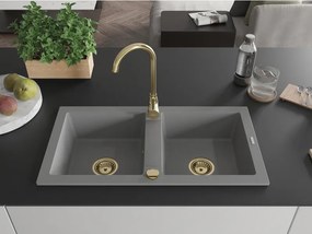 Mexen Mario, granitový drez 820x436x161 mm, 2-komorový, šedá so zlatým sifónom, 6504822000-71-G