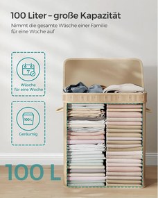 Kôš na prádlo s viečkom, 100 l bambusový zberník na bielizeň