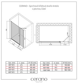 Cerano Antelo, 1-krídlové sprchové dvere s pevnou časťou 90(dvere) x 40(stena) x 190 cm, 6mm číre sklo, čierny profil, CER-CER-435809