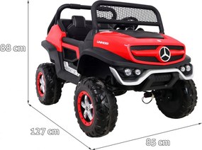 Ramiz Mercedes Benz Unimog elektrické autíčko pre deti červené + pohon 4x4 + diaľkové ovládanie + nosič batožiny + pomalý štart + MP3 + LED