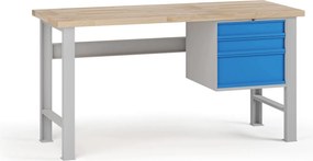 Dielenský pracovný stôl G7, buková škárovka, 1700 x 800 x 840 mm, 1x kontajner, 3 zásuvky, modrá