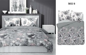 Súprava 1+1 posteľnej bavlnenej obliečky, Šedé a ružové kvety
