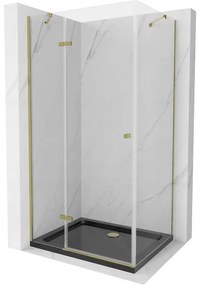 Mexen Roma, sprchovací kút s 1-krídlovými dverami 100 (dvere) x 90 (stena) cm, 6mm číre sklo, zlatý profil, slim sprchová vanička 5cm čierna, 854-100-090-50-00-4070G