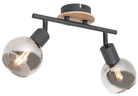 Stropné svietidlo čierne s dymovým sklom a drevenou časťou 2-žiarovkové - Vidro