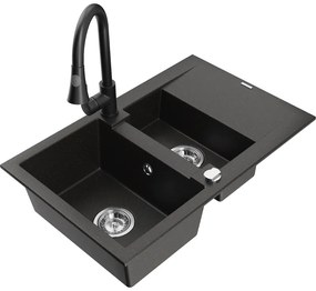 Mexen Gaspar, 1,5-komorový granitový drez 737x475x177 mm a drezová batéria Elia, čierna-zlatá metalíza, 6507-75-670101-70