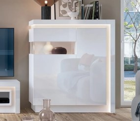 Skrinka s presklením Lyon, biely lesk, s osvetlením, ľavá