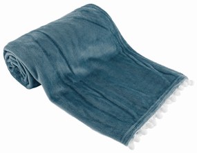 Kondela TEMPO-KONDELA AKRA, plyšová deka s brmbolcami, oceľová modrá, 130x150 cm
