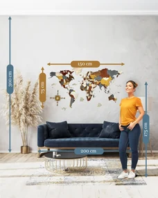Nástenná drevená mapa sveta 3D, ručne vyrábaná, 150x75cm industrial