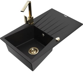 Mexen Cesar, granitový drez 775x470x190 mm, 1-komorový, čierna so zlatým sifónom a zlatá drezová batéria Rita, 6514-77-670300-50