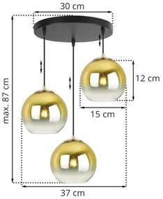 Závesné svietidlo Bergen Gold, 3x zlaté/transparentné sklenené tienidlo (fi 15cm), o