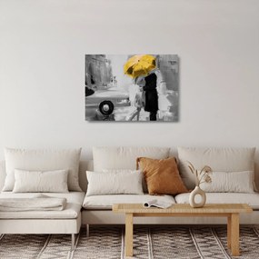 Sklenený obraz - Zamilovaný pár pod dáždnikom, žltý (70x50 cm)