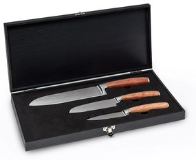 Kishiko, súprava nožov, damascénska oceľ, 3-dielna, extra ostré, rukoväte z ružového dreva