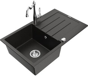 Mexen Bruno, granitový drez 795x495x200 mm, 1-komorový a drezová batéria Carla, čierna-zlatá metalíza, 6513-75-670700-00