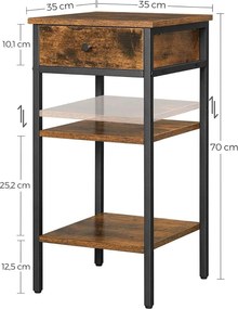 Nočný stolík, vysoký príručný stolík, s 1 zásuvkou a 2 policami, rustikálny hnedý