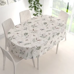 Biante Bavlnený oválny obrus Sandra SA-490 Lastovičky s motýlikmi na béžovom ornamente 140x160 cm