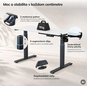 Elektrický stôl s nastavením výšky ergonomický antracitovo-bieli, 1200x600 mm: ARIA