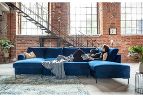 Námorníckymodrá zamatová rozkladacia pohovka do "U" Miuform Lofty Lilly, pravý roh