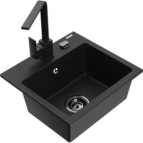 Mexen Milo, 1-komorový granitový drez 435x410x171 mm a čierna batéria Rita, čierna, 6505-77-670300-70-B