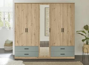 Šatníková skriňa so zrkadlom Savina 225 cm, dub artisan/šalviová