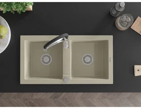Mexen Mario, granitový drez 820x436x161 mm, 2-komorový a drezová batéria Aster, béžová, 6504-69-73450-07