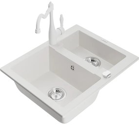Mexen Carlos, granitový drez 582x475x177 mm, 1,5-komorový a drezová batéria Carla, biela, 6518-20-670700-20